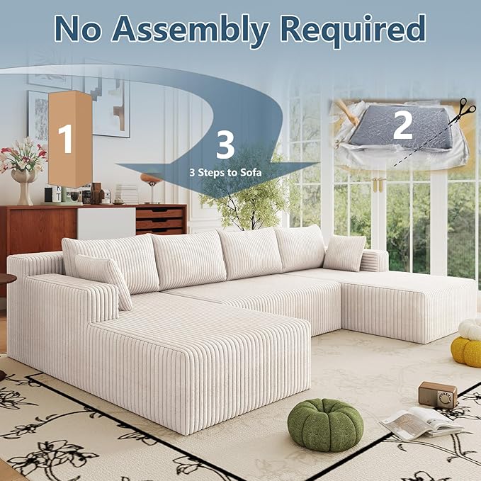 124 Corduroy U-Shaped Sectional Sofa Modern Modular Boneless 4-Seater Couch with 6 Pillows Upholstered Deep Seat DIY Cloud Sofa for Living Room No Assembly Required (White)