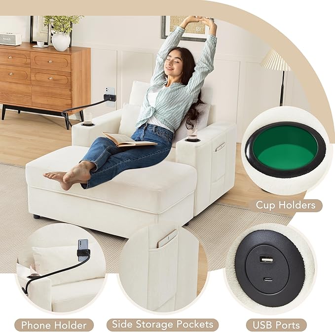 42.5 Oversized Armchair with Ottoman Storage Overstuffed Chair and a Half with Cup Holders &amp USB Port Chenille Accent Chairs for Bedroom Living Room Reading Phone Holder Side Pocket (Beige)