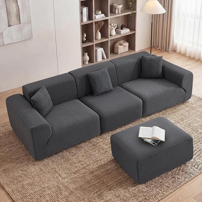 114 Oversized Boneless Couch with Moveable Ottoman Cloud Sectional Couches with Deep Seat 3 seat Modular Sofa Memory Foam Couch with Throw Pillow No Assembly Required Grey