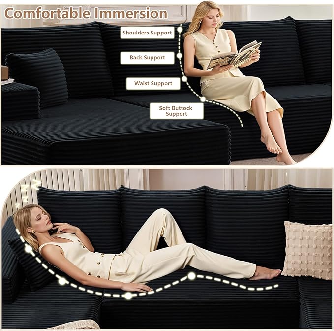 Cloud Modular Sectional Sofa for Living Room 134x69.7 Oversized U-Shaped Couch with 9 Pillows Big Comfy Couches Set Fluffy Deep-Seat Corduroy Sofa with Left &amp Right Chaise No Assembly (Black)