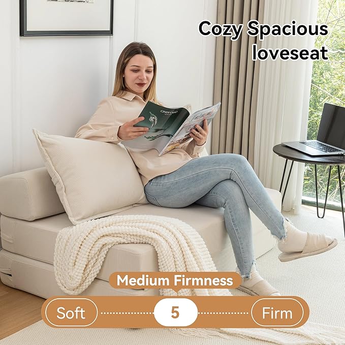 47.6'' Folding Sofa Bed 4 in 1 Convertible Sleeper Chair with 2 Pillows Corduroy Boneless Sofa Bed High-Density Foam Floor Lazy Pull Out Loveseat Couch for Living Room Lounge Beige