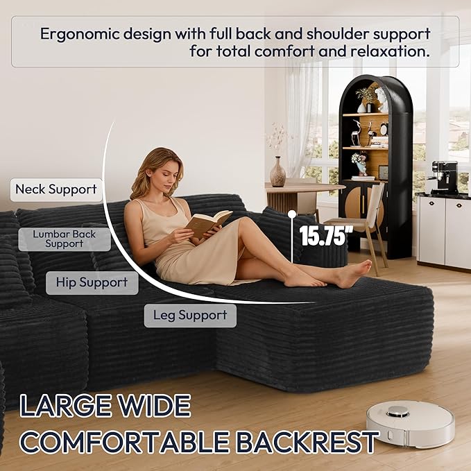 132 U Shaped Couch Modular Sectional Sofa with Chaise Flannel U Shaped Boneless Couch with Deep Seat Upholstered Modular Cloud Sofa for Living Room No Assembly Required Black Flannel