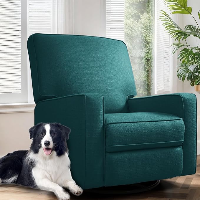 Swivel Rocker Recliner Chair for Adults High Back Fabric Recliner with Deep Seat Manual Glider for Living Room &amp Nursery Green
