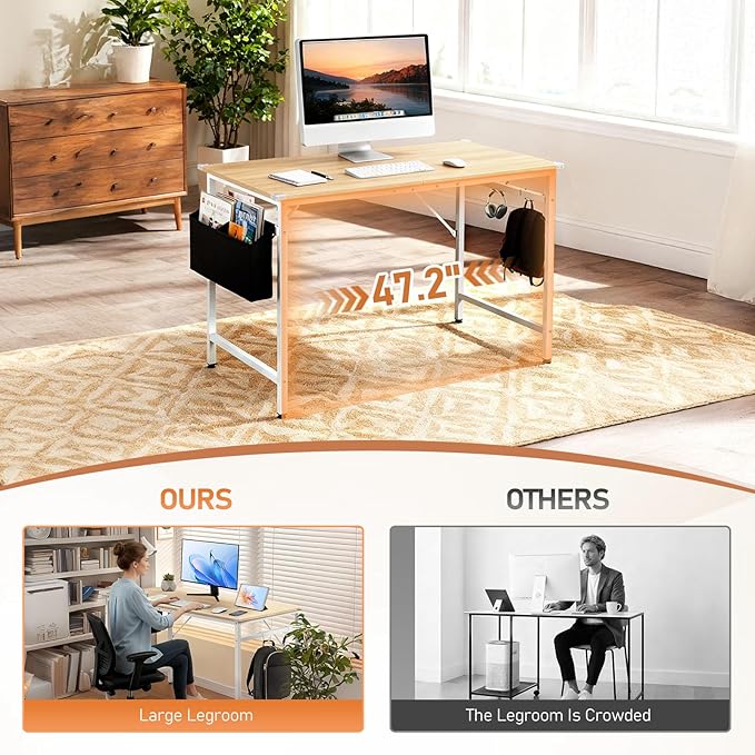 VINGLI 47 Inch Computer Office Modern Simple Gaming Desk with Side Fabric Drawer &amp Hook Up Wear-Resistant Surface Writing Desk Work Desk for Bedroom Living Room Oak