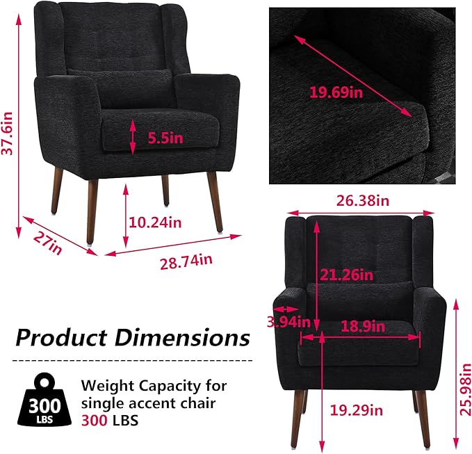 Modern Accent Chair Chenille Fabric Upholstered Tufted Side Chair Wingback ChairMid Century Reading Armchair with Waist Pillow Backrest for Living Room Bedroom (Black)
