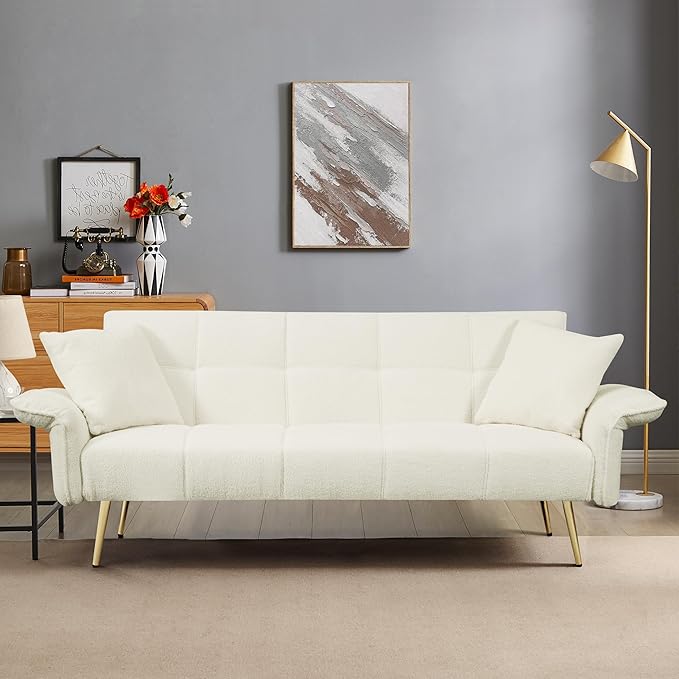 Convertible Sofa Bed Futon Couch Bed with Adjustable Arms and Backrest Modern Love Sofa with Gold Metal Legs for Living Room Bedroom (Teddy Fabric in Beige 70.1 Wx31.1 Dx31.5 H)