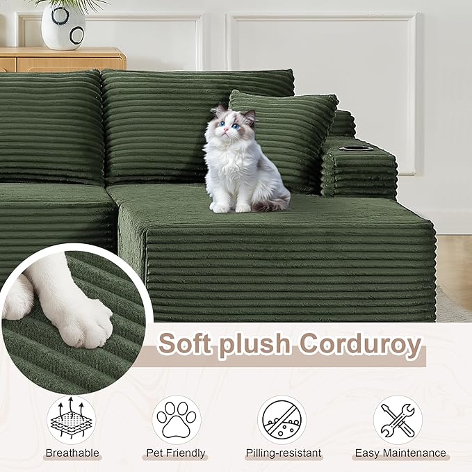 134 Cloud Couch Sectional Modular Sofa with Cup Holder and Storage Pocket Corduroy U Shaped Boneless Sofas Couch in a Box No Assembly Required Green Couches for Living Room