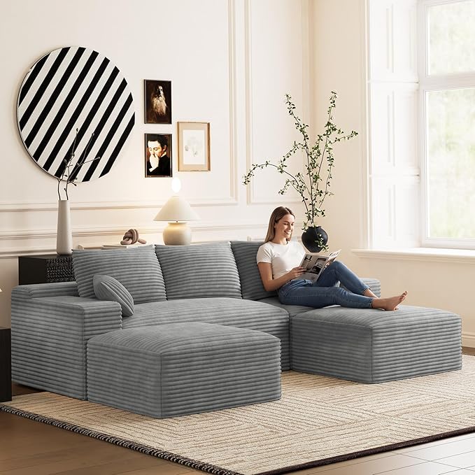 Modular Sectional Sofa Cloud Couch 108'' Comfy U Shaped Sectional Couches for Living Room Deep Seat Cozy Fluffy Corduroy Boneless Couch Sectionals Sofa with Movable Ottomanm Light Grey