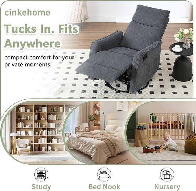cinkehome Swivel Rocker Recliner Glider Rocker Recliner Chair for Nursery Manual Reclining Chair with Heated Massage Small Spaces Living Room Linen Dark Grey