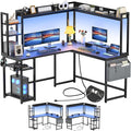 Aheaplus L Shaped Gaming Desk Reversible L Shaped Desk with Power Outlet and Led Lights Gaming Desks Corner Computer Desks with Hutch Monitor Stand and Storage Bag for Home Office Black