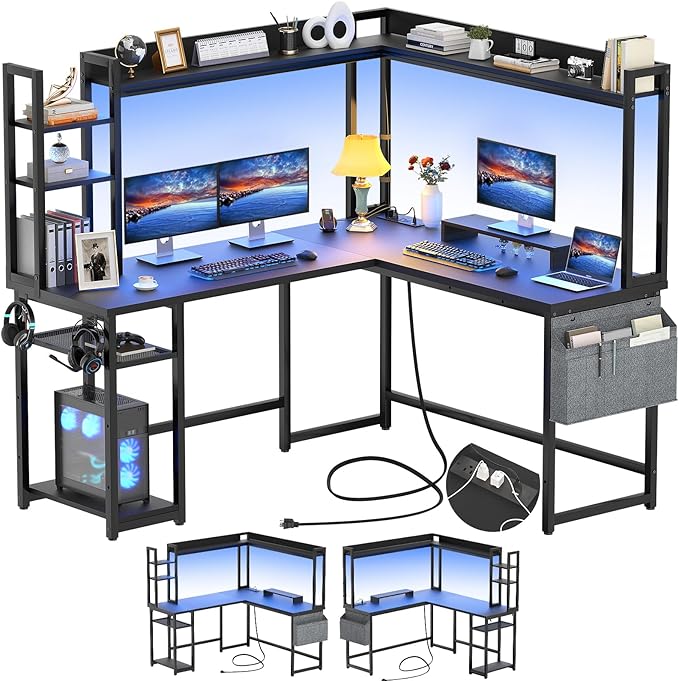 Aheaplus L Shaped Desk with Power Outlet L Shaped Gaming Desk with Led Light &amp Hutch Reversible Home Office Desk Corner Computer Desk Writing Desk with Monitor Stand &amp Storage Shelves Blac