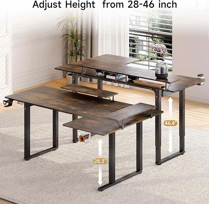 L Shaped Electric Standing Desk 71x43'' Computer Desks with 2 Monitor Shelves Dual Motor and Memory Controller Gaming Corner Desk Adjustable Height from 28-46'' for Home Office Rustic Brown