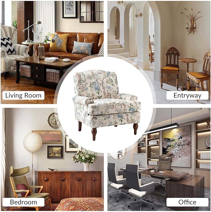HULALA HOME Accent Chair with Solid Legs &amp Removable Cushion Blue Floral Comfy Upholstered Armchair Leisure Single Sofa Chair for Living Room Bedroom
