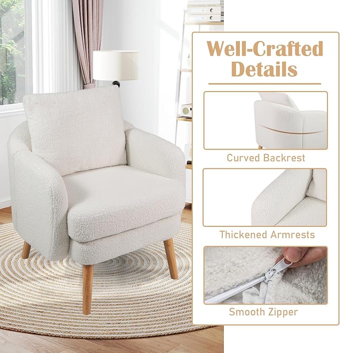 KOMFOTT Sherpa Accent Chair Upholstered Armchair with Seat Cushion Lumbar Pillow &amp Rubber Wood Legs Modern Single Sofa Chair Reading Chair for Living Room Bedroom Office Small Spaces White