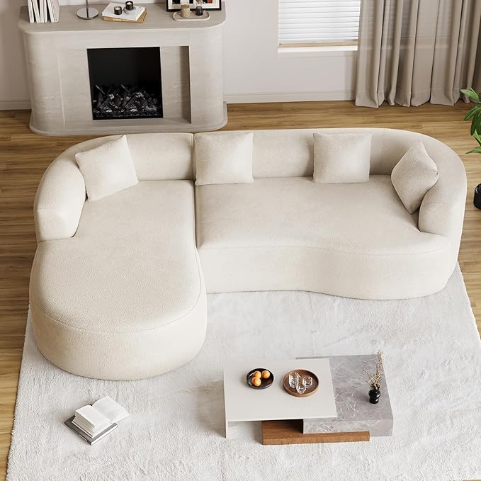 Oversized Sectional Sofa with Left Chaise for Living Room 111 Modern Curved L Shape Cloud Couch with Extra Deep Seat Modern Luxury Chenille 4 Seater No Assembly Required Beige White