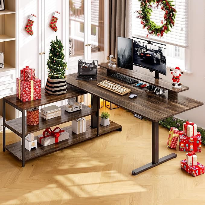 ONBRILL L Shaped Standing Desk with File Cabinet 55x24'' Electric Stand Up Desk with Monitor and Storage Shelf Adjustable Height 28-46'' for Home and Computer Workstation Walnut
