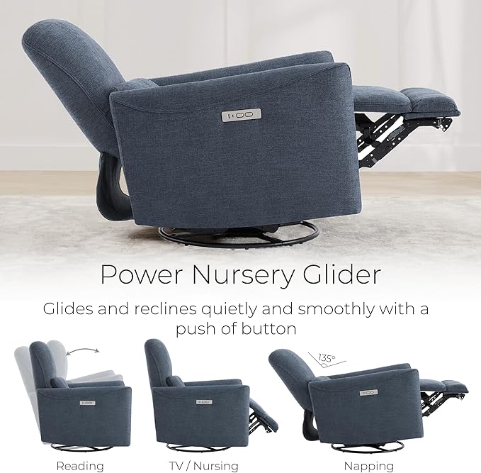 CHITA Power Recliner Chair Swivel Glider FSC Certified Upholstered Fabric Living Room Nursery Reclining Sofa Chair with Lumbar Support Ink Blue