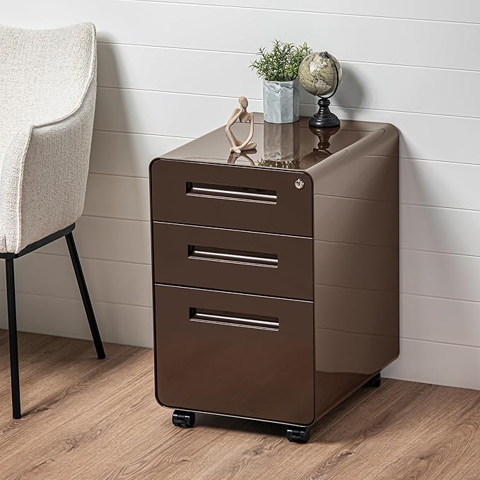 Laura Davidson Furniture Stockpile 3 Drawer File Cabinet with Lock - Under Office Desk Metal Filing Cabinet Legal/Letter File Folders Wheels and Stationary Feet Pre-Assembled Dark Brown