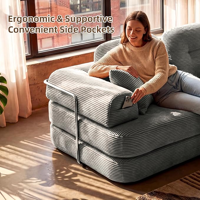 Convertible Modular Sofa Bed with Large Backrest Support &amp Storage Pockets Modern Corduroy Floor Couch for Small Apartment &amp Limited Space Ergonomically Designed Furniture (Gray 82'')
