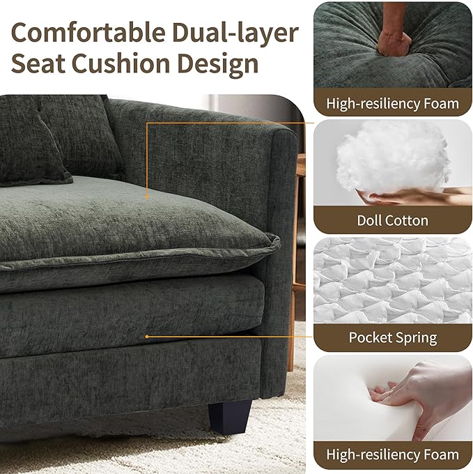 SweetGO corporation 40 Chenille Lounge Chair for Reading Modern Couch Cozy Sofa Bed Upholstered Living Room Single Sofa Accent Chair with Ottoman Green