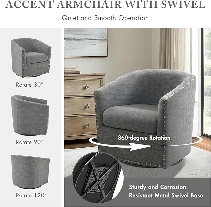 Madison Park Swivel Barrel Accent Chair Upholstered Curved Back with 7-Inch Thick Woven Cushion 360° Swivel Nailhead Trim Comfy Chair for Living Room Bedroom Office 28 Wide Grey Tyler
