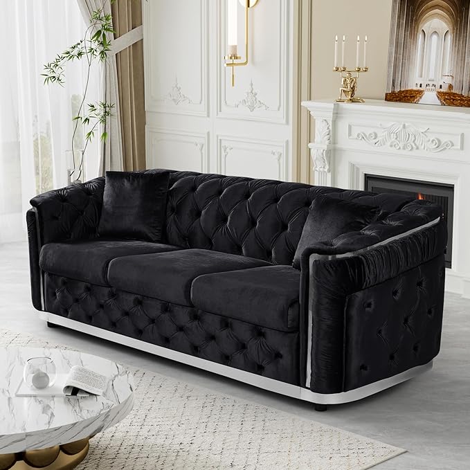 Velvet Couch Black and Silver Sofa Luxury Loveseat 84.6 Mid Century Modern Chesterfield Sofa Couch for Living Room Tufted Sofas with 2 Pillows &amp Classic Golden Decor Black