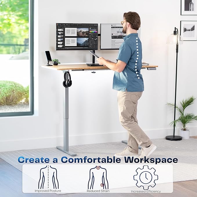 VIVO Electric 60 x 24 in Real Bamboo Standing Desk Memory Height Adjustment 1B Series Holds 220 lbs One-Piece Top Gray Frame DESK-KIT-1G6O