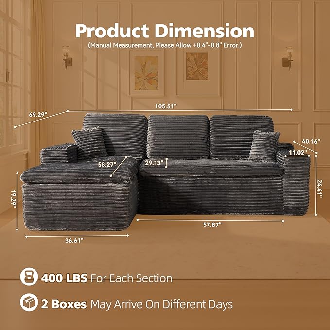 2 Piece Cloud-Like Sectional Sofa No Assembly Required – Ultra Plush Fabric with Thickened Cushions &amp Neck Support L-Shaped Couch with Chaise for Living Room