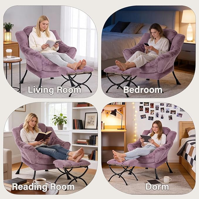 Lazy Chair with Ottoman Modern Accent Lounge Armchair with Side Pocket &amp Foldable Footstool Leisure Reading Chair for Living Room Bedroom Dorm &amp Office Plush Purple
