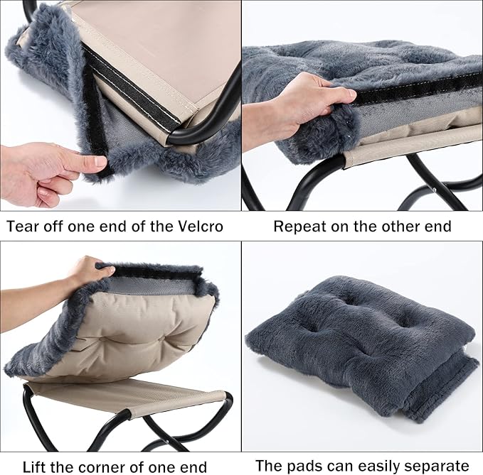 15 Foldable Foot Stool Ottoman with Metal Frame - Washable Faux Fur Navy Upholstered Indoor/Outdoor Footrest for Living Room Bedroom Patio - Space-Saving Compact Design