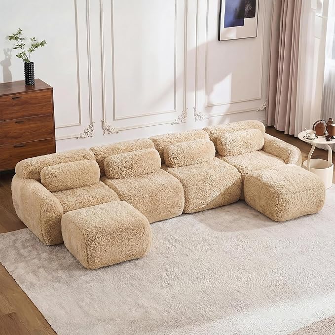 Boneless Couch Modular Sectional Sofa Comfy Cloud Couch No Assembly U Shaped Couches 149 Modern Sectional Couches for Living Room Deep Seat 4 Seater Couches Floor Sofas Anti-SlipKhaki