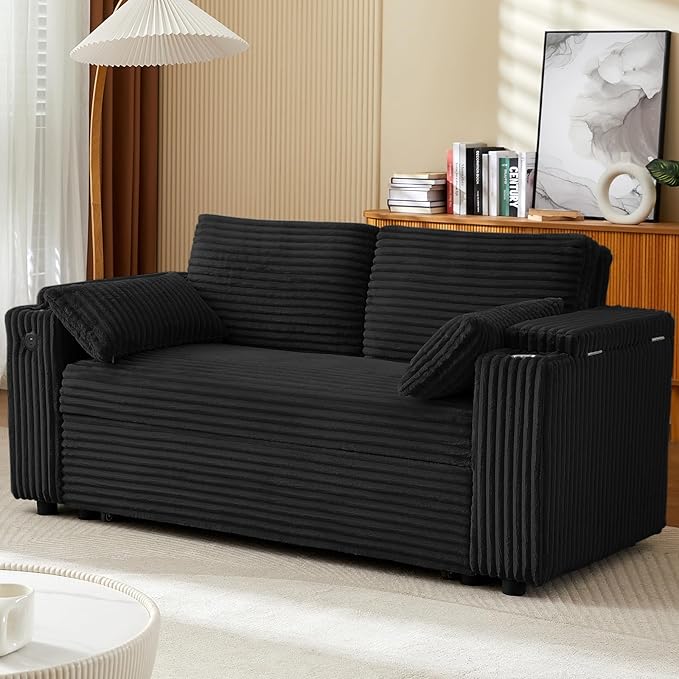 Convertible Corduroy Sofa Bed with USB Charging Port &amp Cup Holders 68.11 Foldable Sleeper Chair with Armrests &amp Pillows 3-in-1 Floor Futon for Living Room Bedroom Guest RoomEasy Assembly