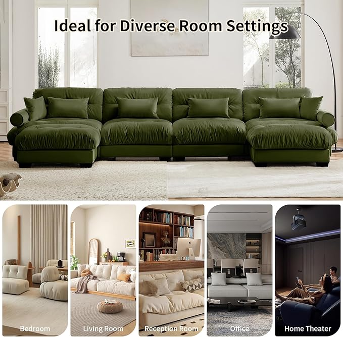 166 Large Sectional Couches for Living Room Cloud Modern Modular Deep Seat Sofa Set Comfy Couches with 2 Ottomans Velvet Fluffy 4 Seater Sofas for Bedroom Apartment U Shaped Olive