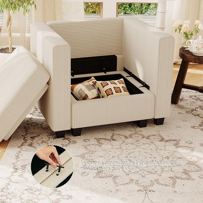 Belffin Corduroy Armchair Modular Arm Chair with Storage Modern Couch for Living Room Beige