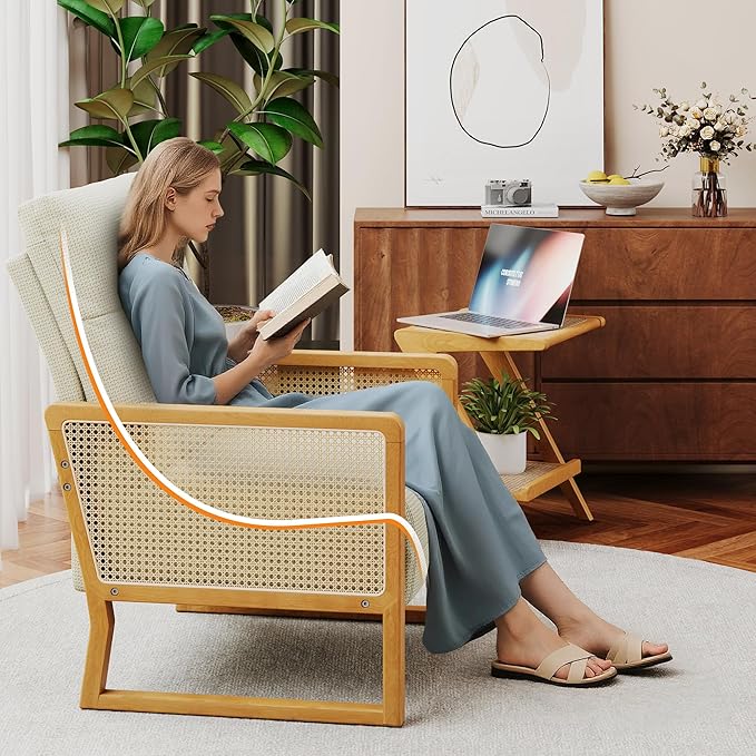 Upholstered Rattan Accent Chair Modern Linen Armchair with Ash Wood Legs Comfy Arm Chair for Living Room Bedroom Beige