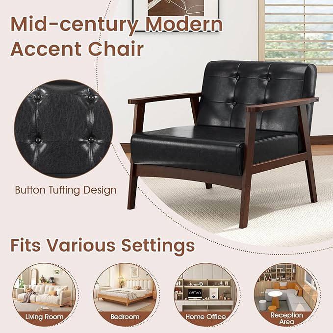 Giantex Mid-Century Modern Accent Chair Oversized Armchair with Rubber Wood Frame Armrest Wide Backrest100° Ergonomic Leisure Chair for Living Room Bedroom Office