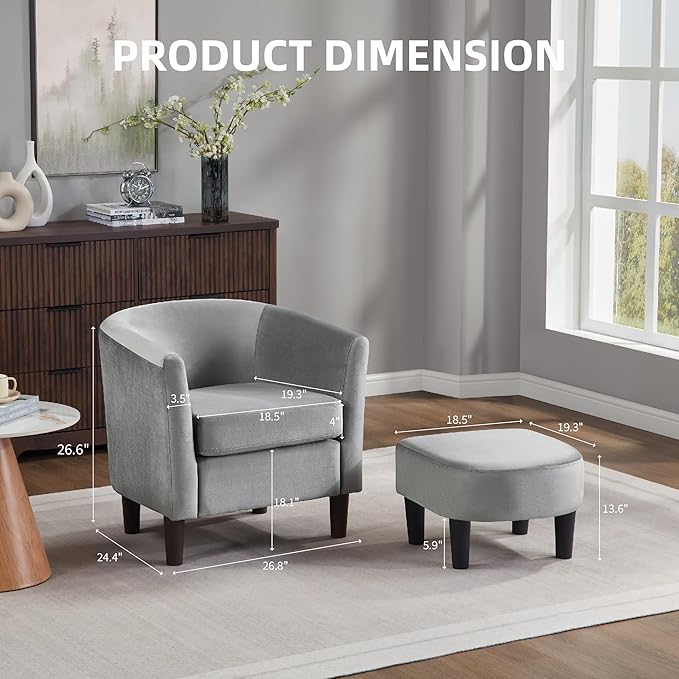 Velvet Accent Chair with Ottoman Modern Barrel Armchair Plush Lounge Chair for Living Room Bedroom Reading Nook 4 Colors (Gray)