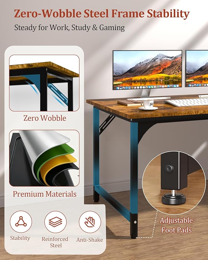 Computer Desk 47.2 Office Desk Extra Wide 23.62” Deep Desktop 0.59” Thick Heavy-Duty Home Office Desks Office Table with Steel Frame Modern Wood PC Desk for Bedroom Study Writing Gaming Work