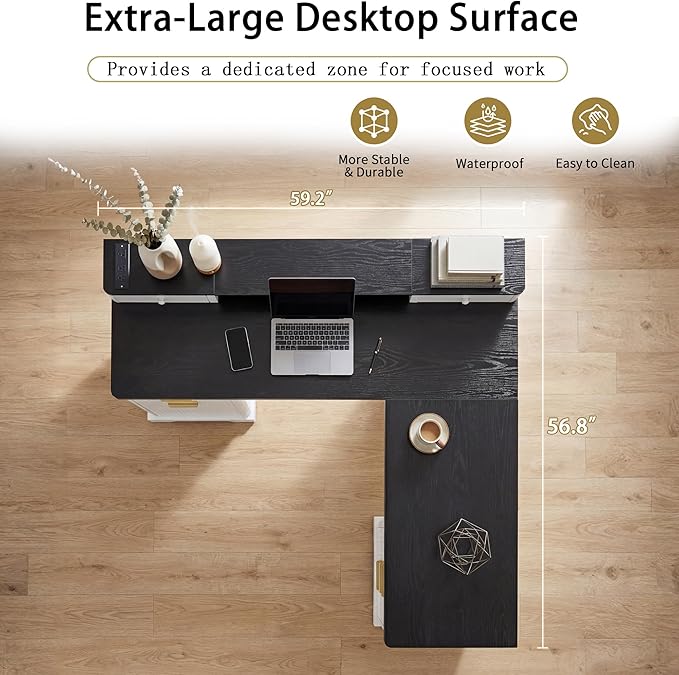 L Shaped Executive Desk with Storage Fluted Home Office Computer Desk with 6 Drawers &amp Monitor Stand Corner Workstation Writing Desk with Charing Stastion File Cabinet(White)