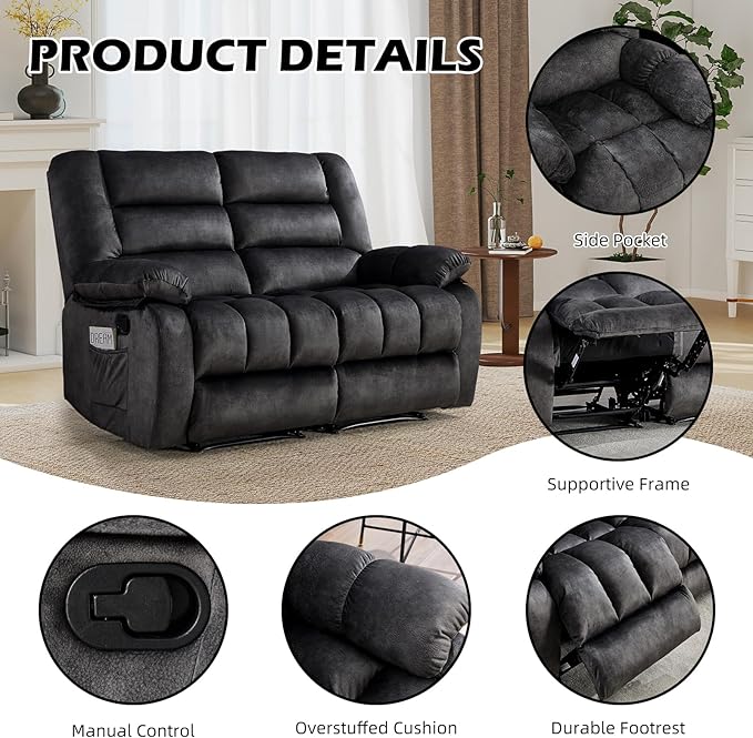 EBELLO Reclining Loveseat Overstuffed Comfortable Armrest 2 Seat Recliner Sofa Manual Reclining Couch for Living Room Bedroom Furniture Grey (Loveseat)