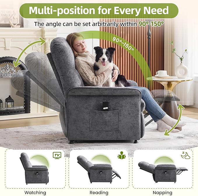 Power Recliner Chair with Remote Control 21 Wide Seat Small Recliners with Side Pocket for Adults Thick Cushions Chair for Living Room &amp Bedroom Light Grey