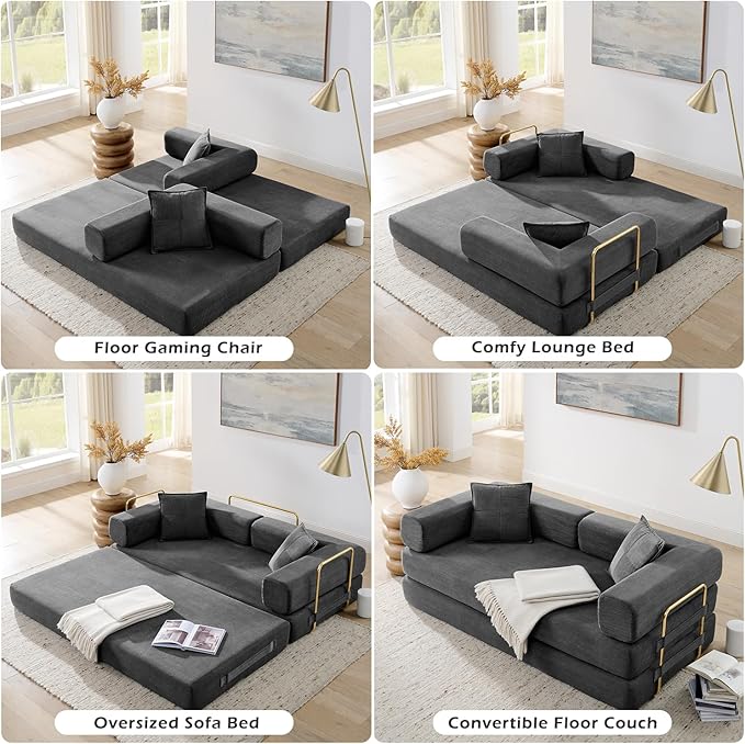 4-in-1 Folding Convertible Floor Sofa Bed 78 Oversized Compression Sofa No Assembly Required King Futon Lazy Couch Corduroy Loveseat Sleeper with Pull Out Bed Modular Futon Couch