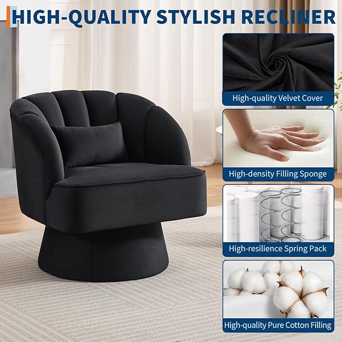 GarveeHome Modern Swivel Barrel Accent Chair 360 Degree Velvet Upholstered Armchair with Striped Backrest &amp Plush Padding Comfy Round Lounge Chair for Living Room Bedroom Reading Nook Black