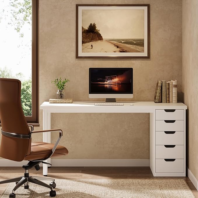 Tribesigns Modern Simple Computer Desk 47 Inches PC Desk with 5 Reversible Drawers Rustic Brown Study Writing Table Workstation for Home Office Small Spaces (All White)