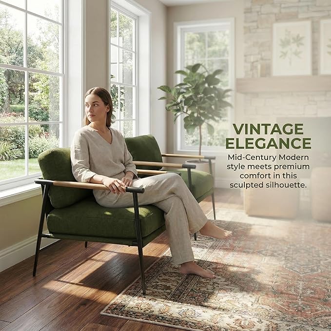 LukeAlon Mid-Century Linen Accent Chair Ultra Soft Living Room Chair with Metal Legs Modern Armchair Reading Nook Chair Lounge Chair Upholstered Comfy Leisure Chair for Bedroom Waiting Room Green