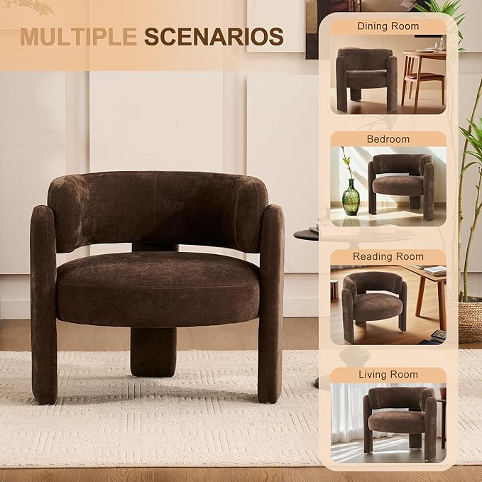 Modern Accent Barrel ChairMid Century Single Armchair with Curved Backrest Upholstered Side Reading Chair with 3 Legs Comfy Sherpa Chair for Bedroom Home Office Living Room (Brown)
