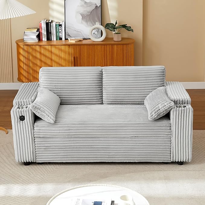 68.11 Corduroy Sleeper Chair Bed with USB Port Cup Holders &amp Side Storage Pockets – 3-in-1 Foldable Sofa Bed for Guest Room Living Room (ZY-1110-Light Gray)
