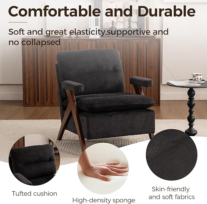 Mid Century Modern Tufted Accent Chair Set of 2 - Sturdy Upholstered Solid Wood Armchair with Breathable Fabric High-Density Cushion Non-Slip Pads for Living Room Reading Room Bedroom Black