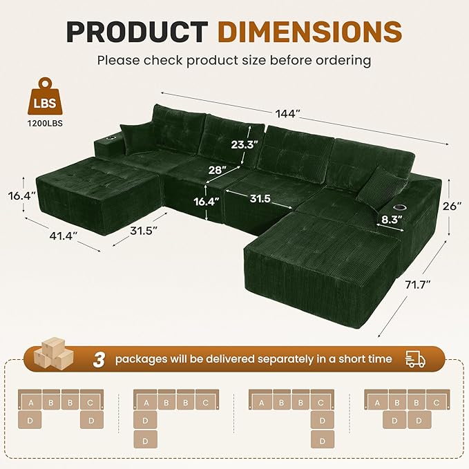 143 Modular Sectional Sofa for Living Room Convertible U-Shape Couch with Ottoman 6 Seater Modular Sectional SofaGreen Corduroy