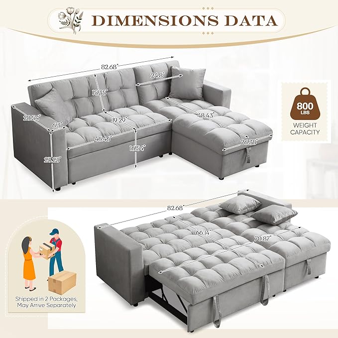 Convertible Sleeper Sofa Bed82.6W Velvet Tufted L Shaped Sectional Couch with Adjustable Back &amp Reversible Storage ChaiseModern Futon Pull Out Couch Bed for Living RoomApartmentSmall Place(Gr
